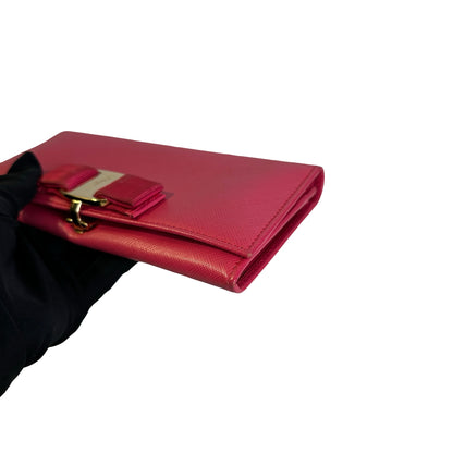 Used SALVATORE FERRAGAMO Saffiano Leather Vara Bow Flap Wallet Long wallet Pink