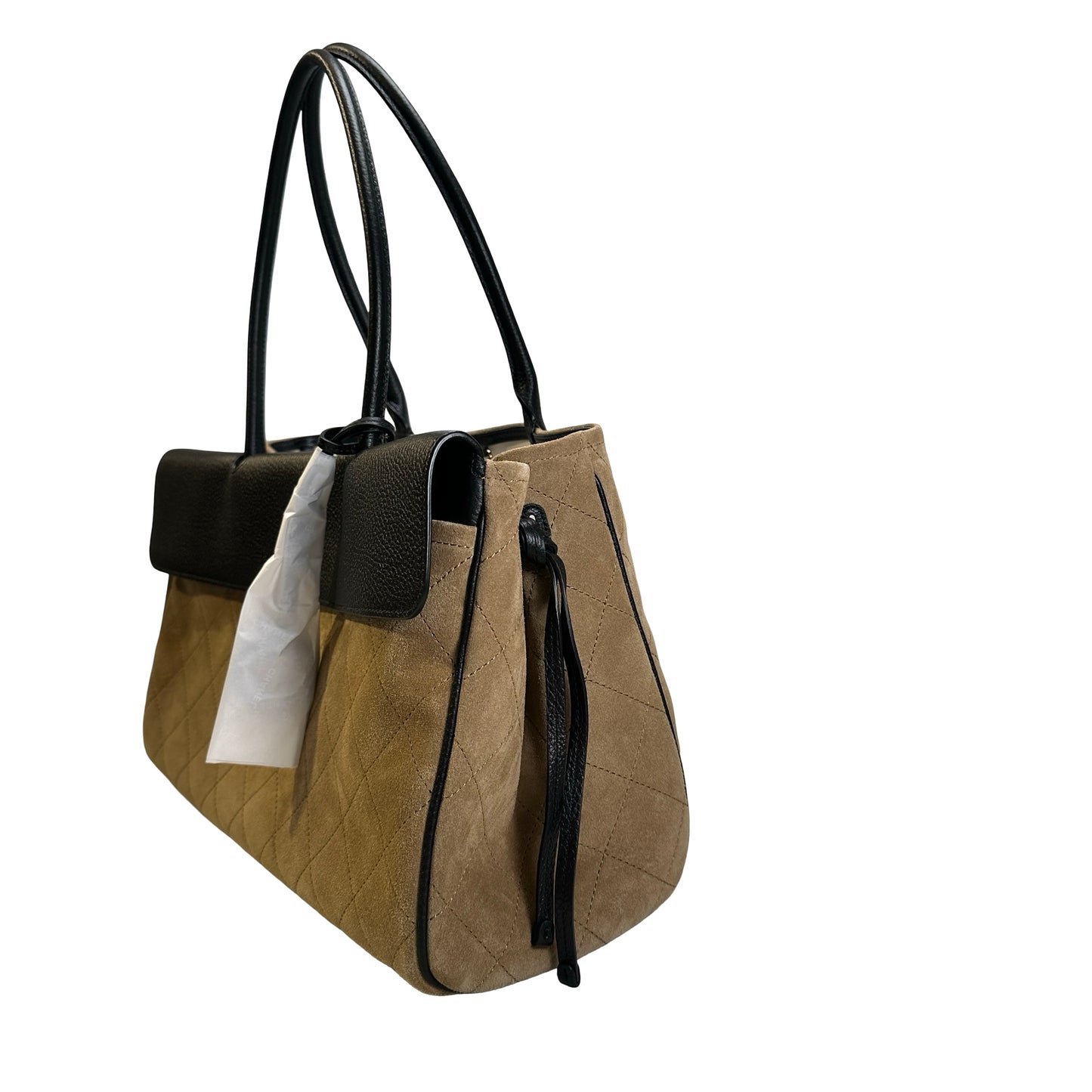 Brand New CHANEL Quilted Suede Caviar Deauville Tote Bag Beige Black Gold