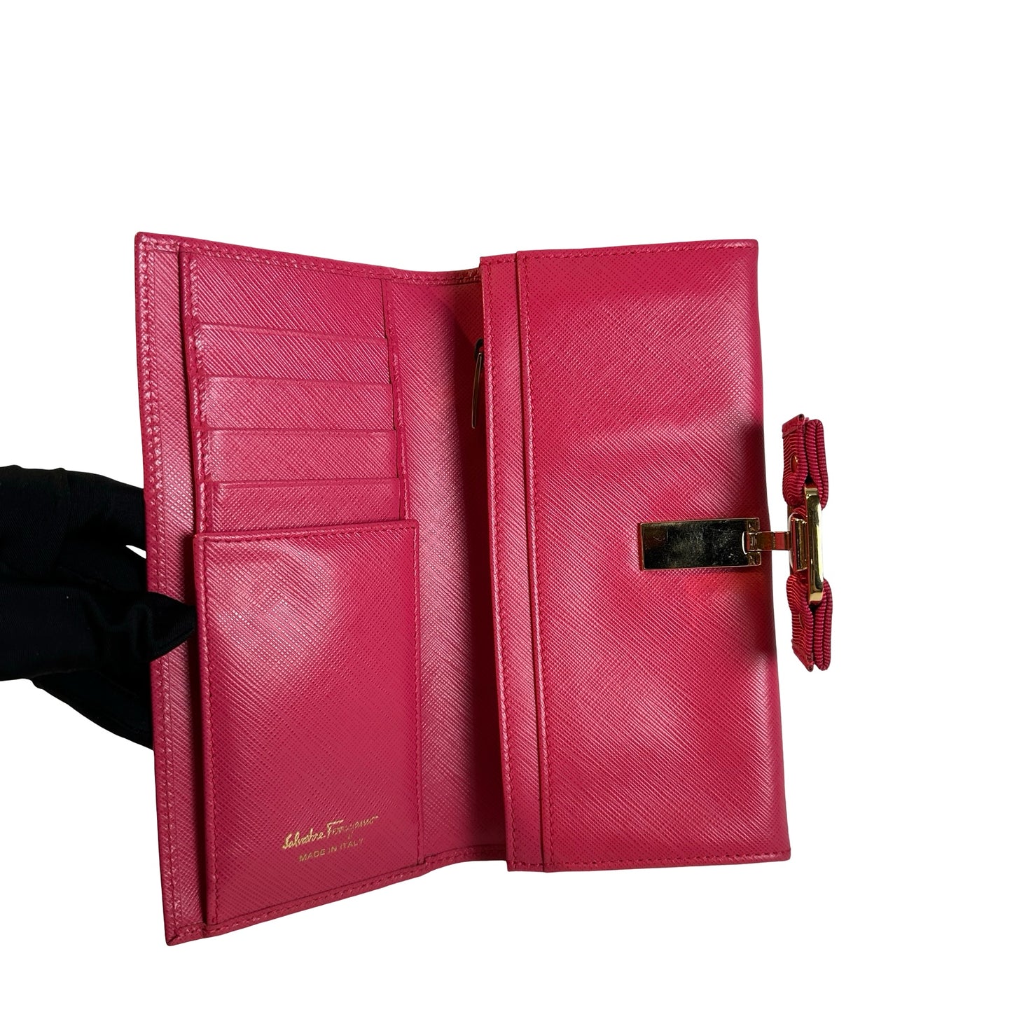 Used SALVATORE FERRAGAMO Saffiano Leather Vara Bow Flap Wallet Long wallet Pink