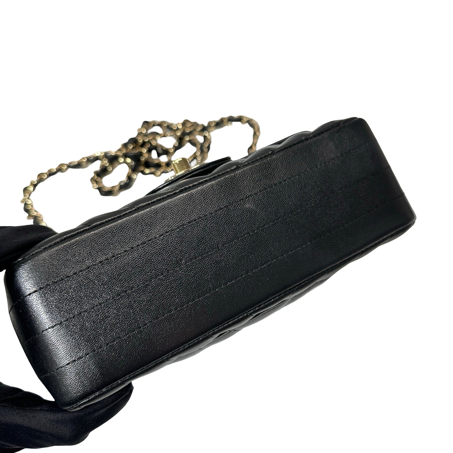 Used CHANEL Chevron Lambskin Leather Mini Square Flap Chain Shoulder Bag Black GHW