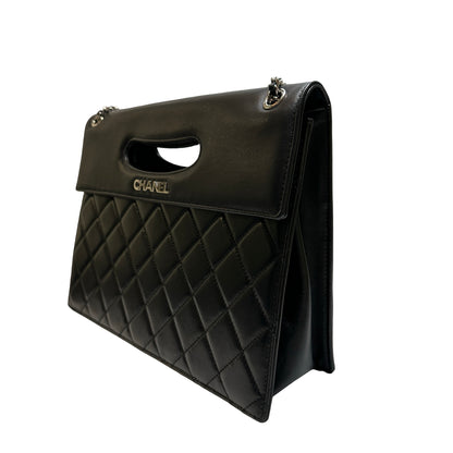 Used CHANEL Quilted Leather Quilted Top Handle Flap Bag Handbag Black Silver