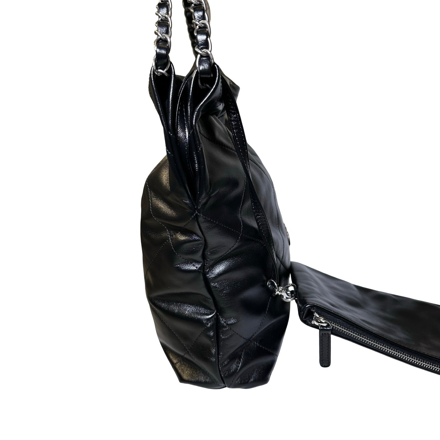 Used Chanel Shiny Calfskin 22 Hobo Bag Black PHW