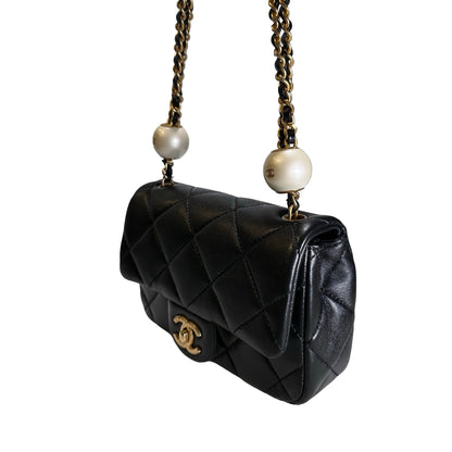 Used CHANEL Lambskin Quilted Mini Flap Bag Pearl Crush Mini Flag Bag with Gold Ball Black Gold