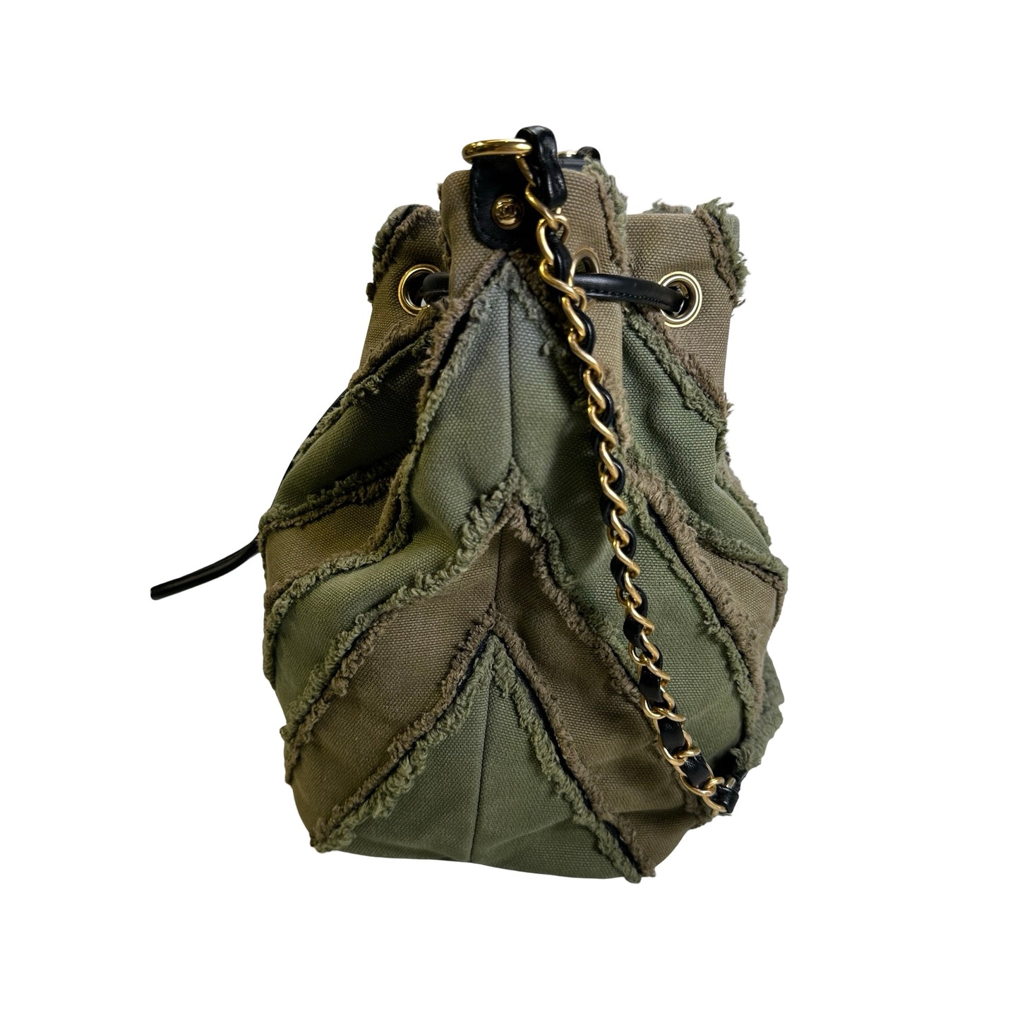 Used CHANEL Chevron Fringed Canvas Chevron Fringed Canvas Drawstring Bucket Bag Drawstring Bag Olive Green