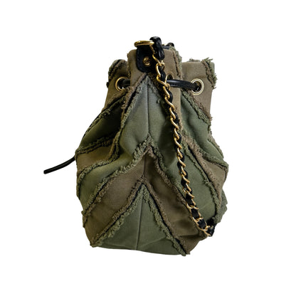 Used CHANEL Chevron Fringed Canvas Chevron Fringed Canvas Drawstring Bucket Bag Drawstring Bag Olive Green