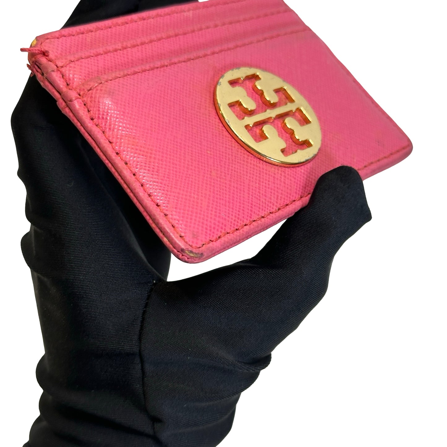 Used TORY BURCH Saffiano Leather Robinson Card case Pink Gold