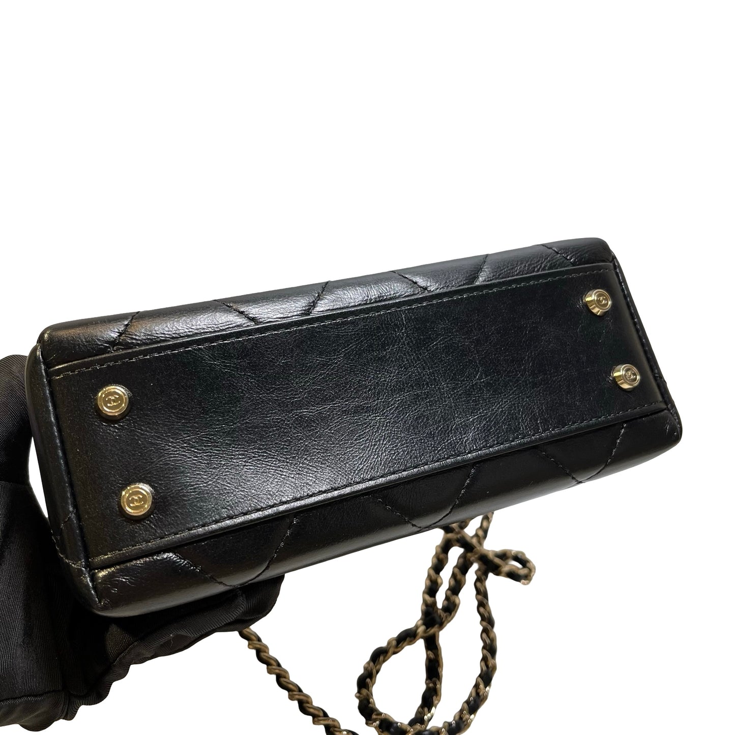 Used CHANEL Quilted Lambskin Mini flap bag with top handle Mini Bag Black Gold tone hardware
