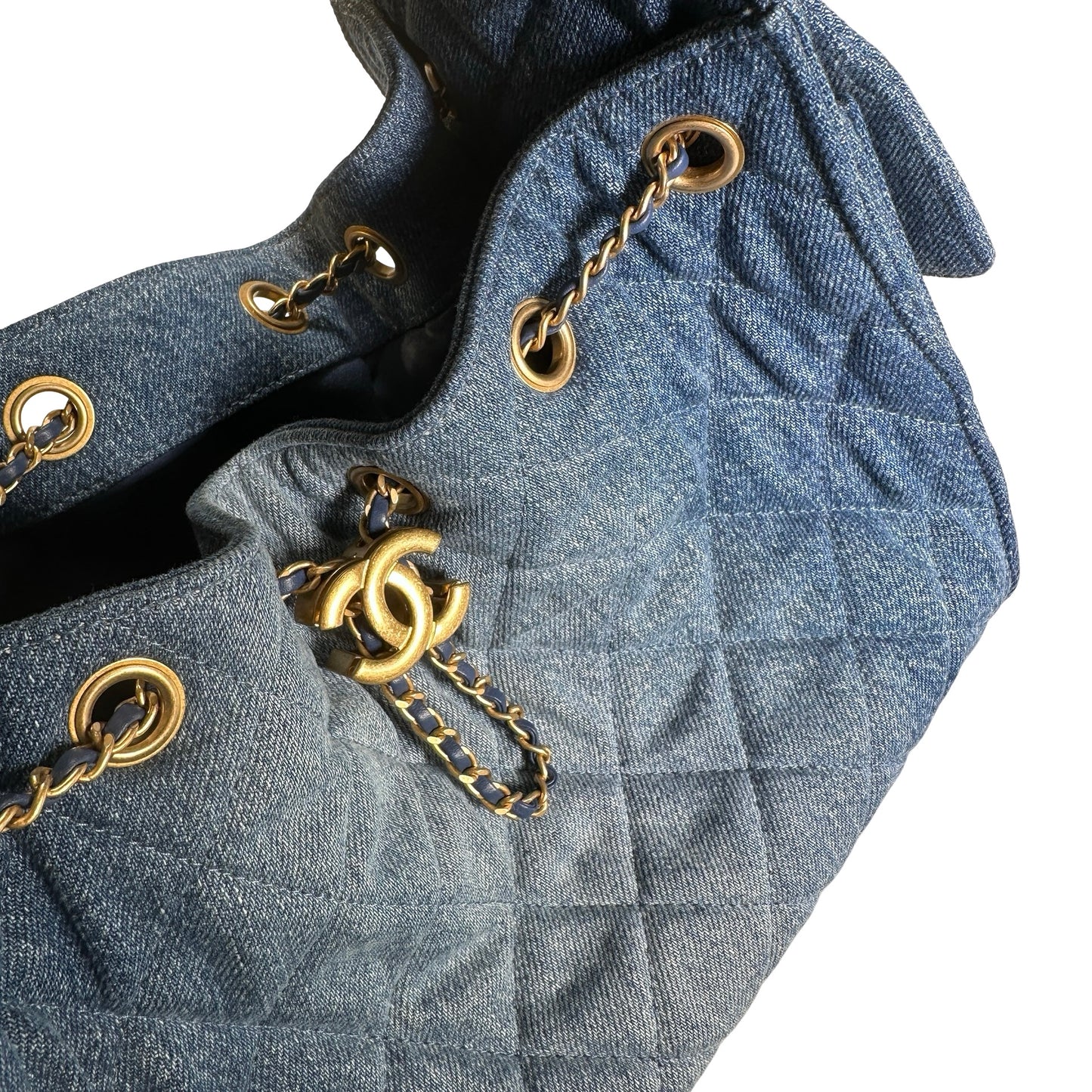 Used CHANEL Denim Quilted Kelly Shoulder Bag Blue GHW