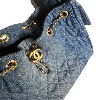Used CHANEL Denim Quilted Kelly Shoulder Bag Blue GHW