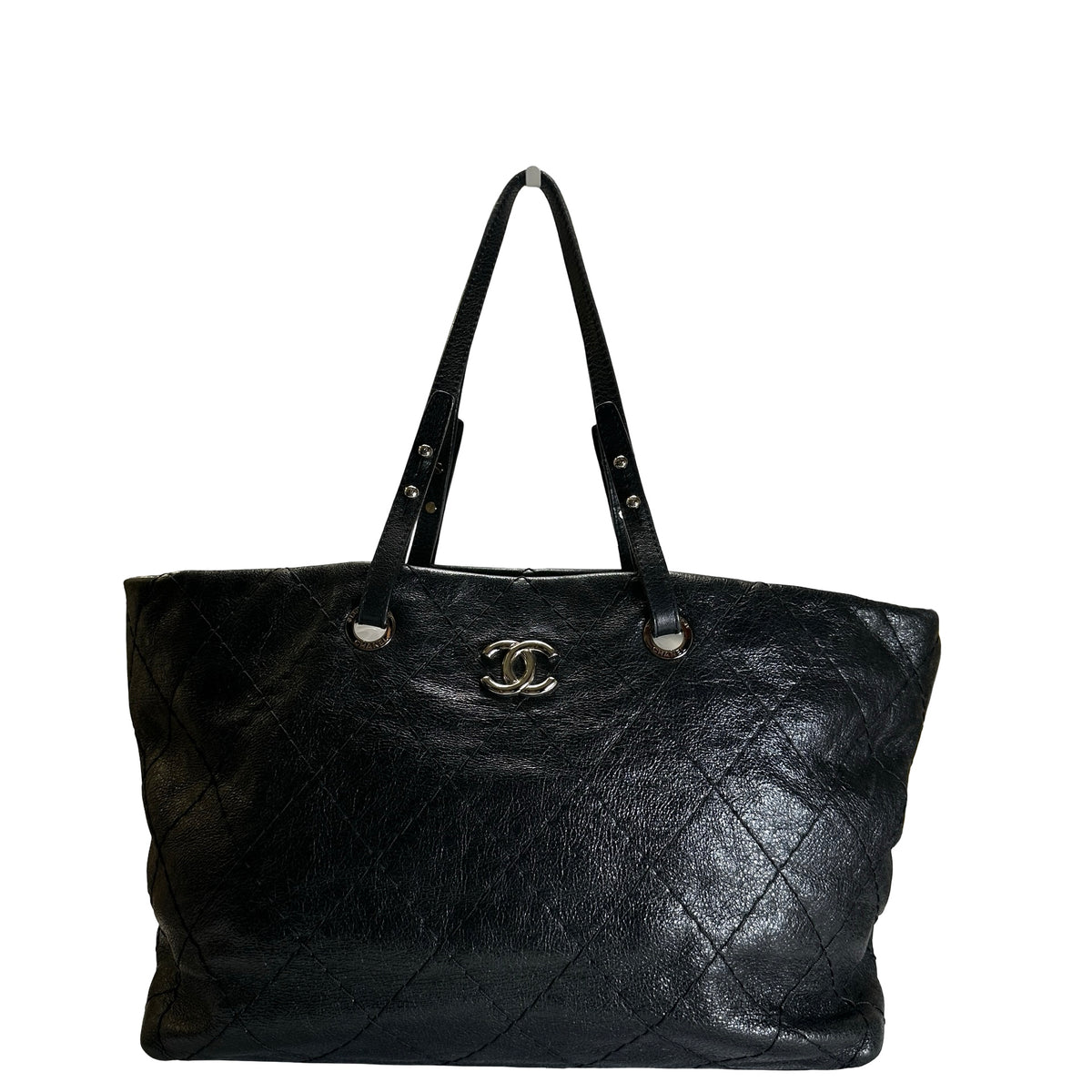 Used CHANEL Wrinkled Calfskin Hobo Shoulder Bag Black PHW
