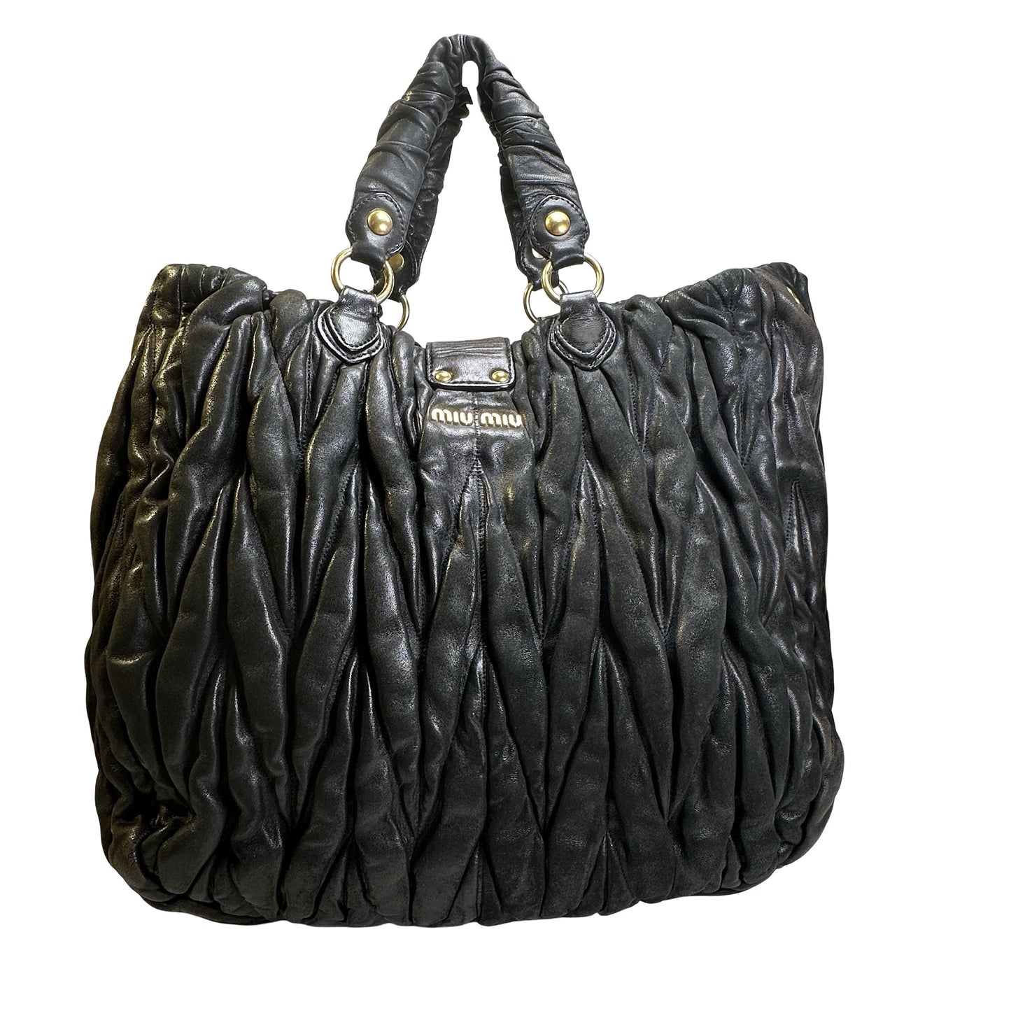 Used MIU MIU Matelasse Leather Handbag Black GHW