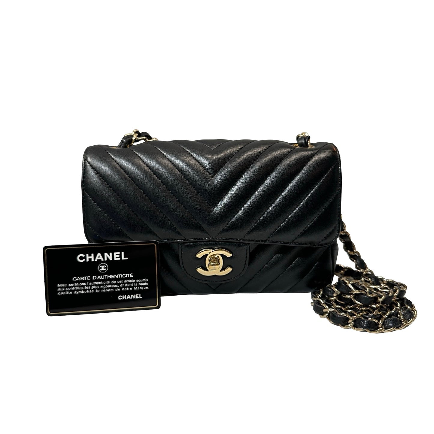 Used CHANEL Chevron Lambskin Leather Mini Square Flap Chain Shoulder Bag Black GHW