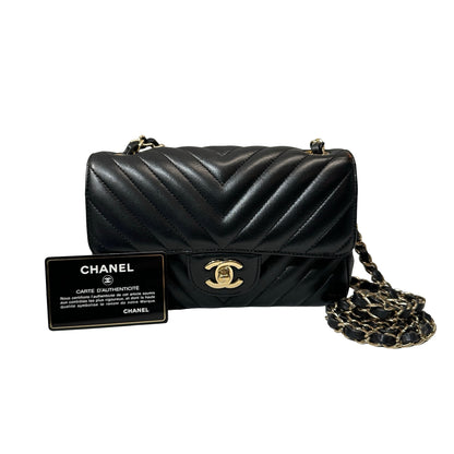 Used CHANEL Chevron Lambskin Leather Mini Square Flap Chain Shoulder Bag Black GHW