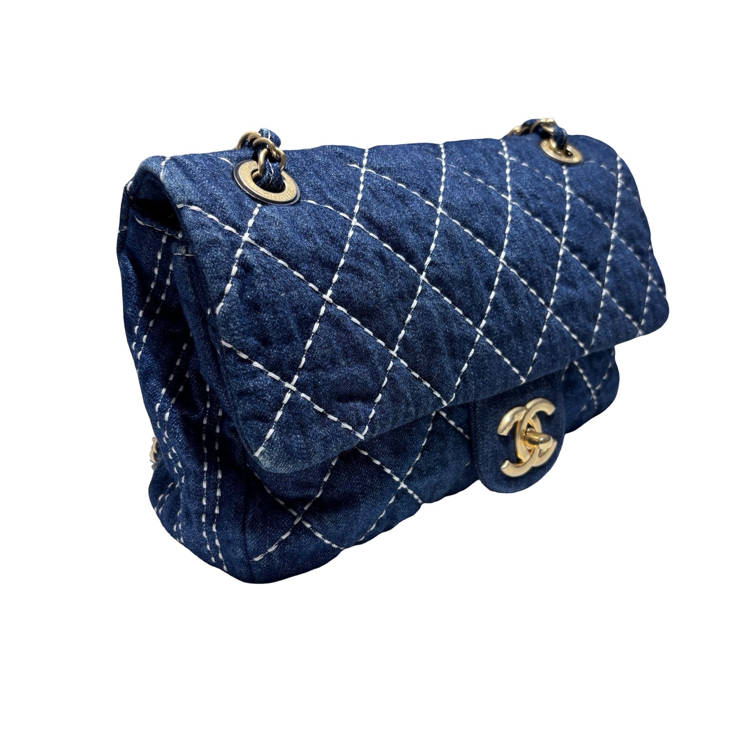 Used CHANEL Denim Classic Flap Medium Chain Shoulder Bag Navy Blue GHW