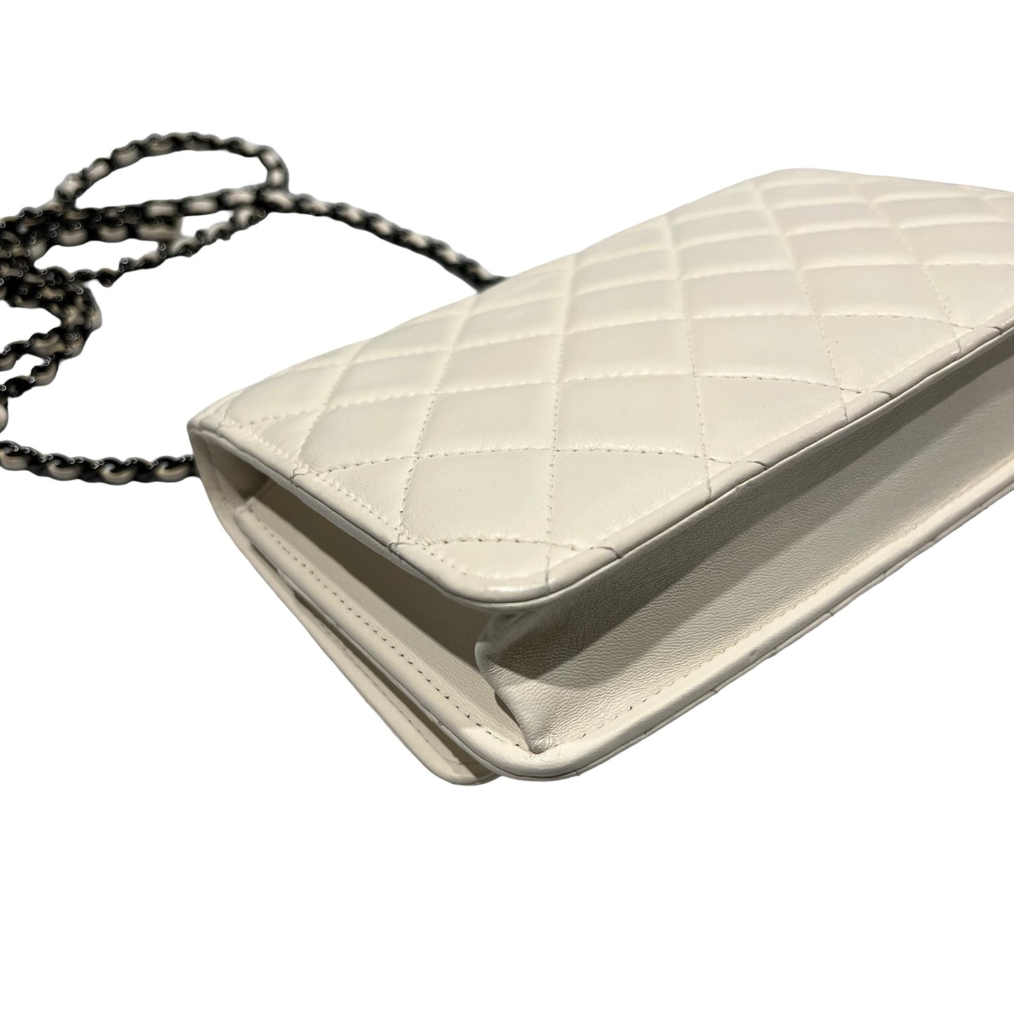 Used CHANEL Lambskin Leather WOC Shoulder Bag White Black Hardware