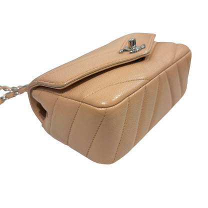 Used CHANEL Chevron Caviar Classic Flap Chain Shoulder Bag Beige