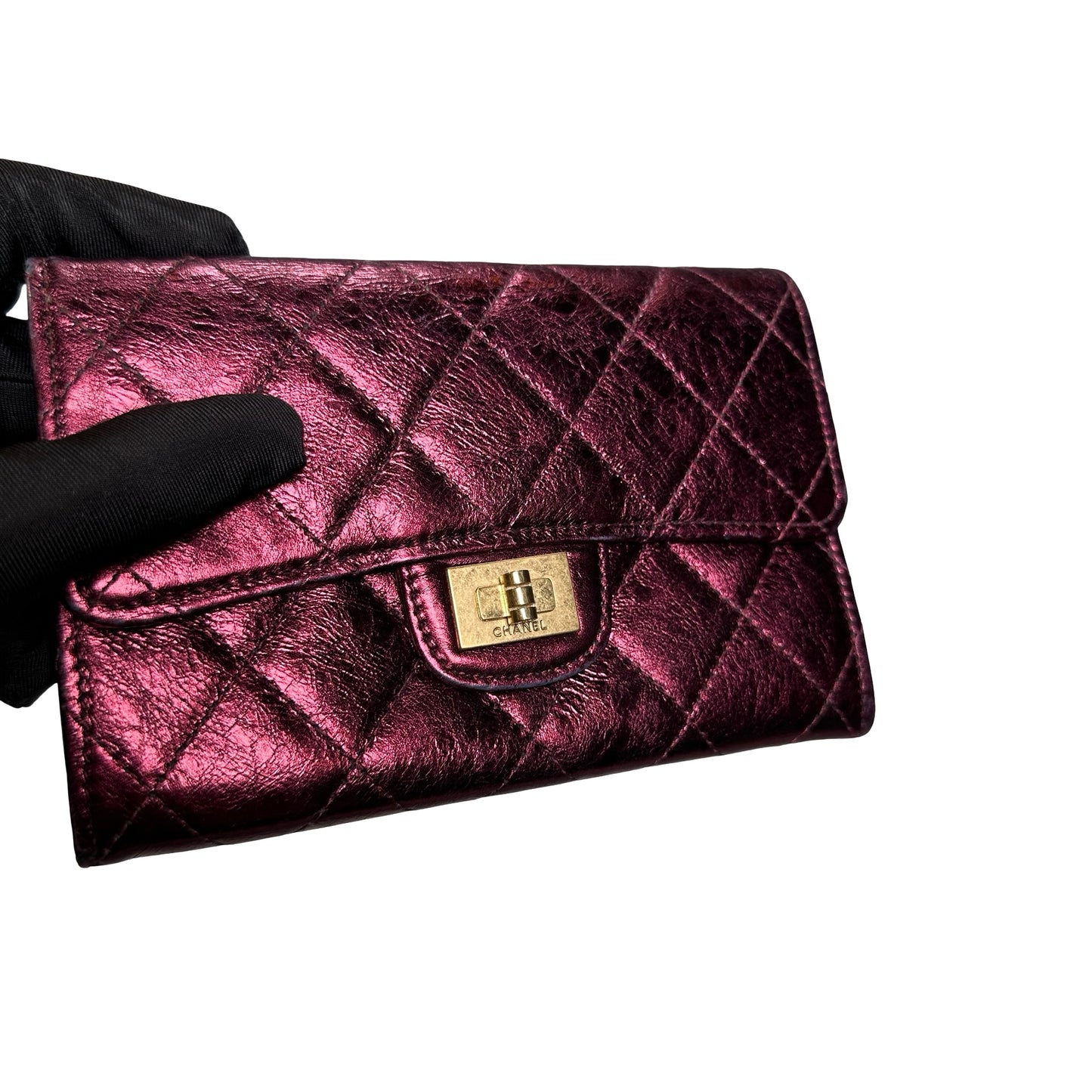 Used CHANEL Quilted Aged Calfskin 2.55 Flap Wallet Wallet Burgundy Metallic