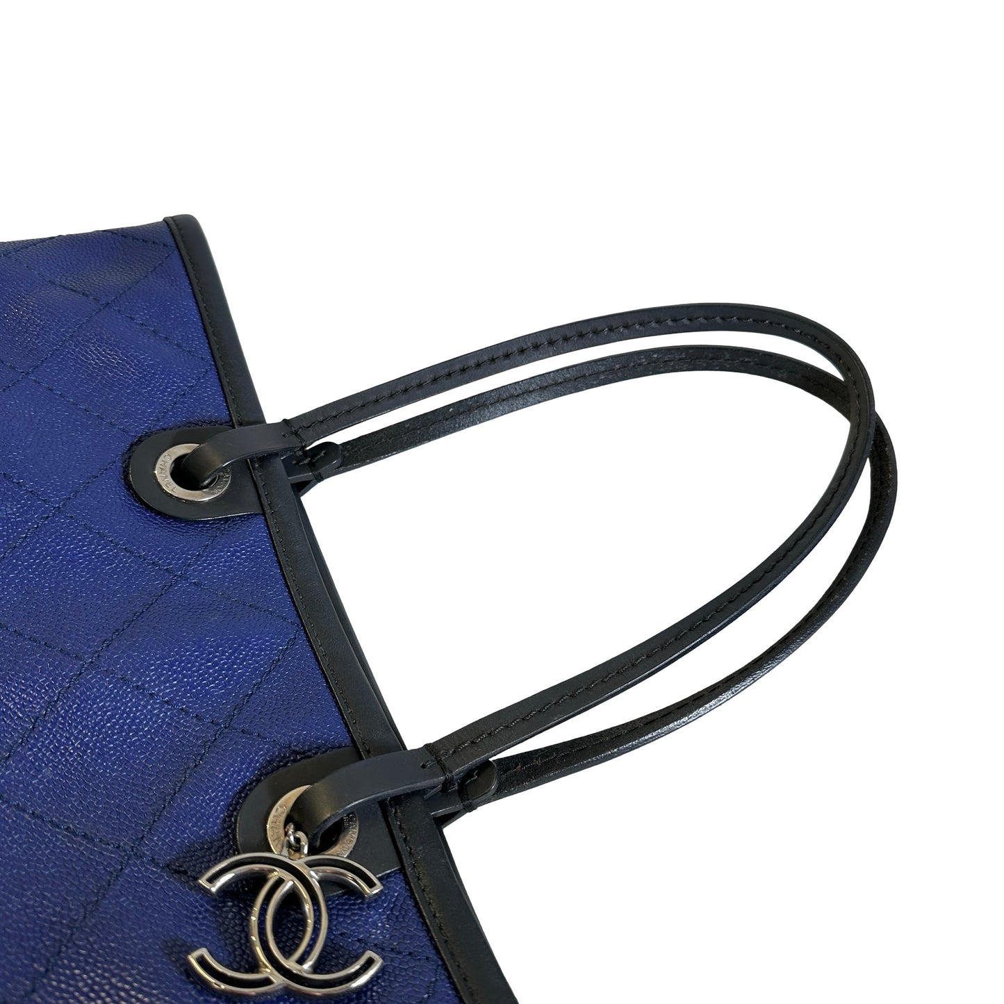 Used CHANEL Quilted Caviar Leather GST Tote Bag Blue Silver