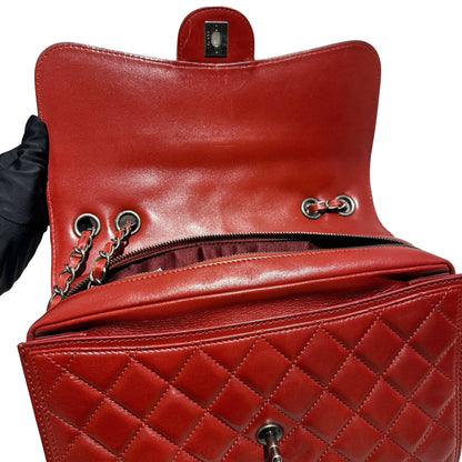 Used CHANEL Lambskin Large Citizen Zip Double Flap Bag Chain Shoulder Bag Red PHW