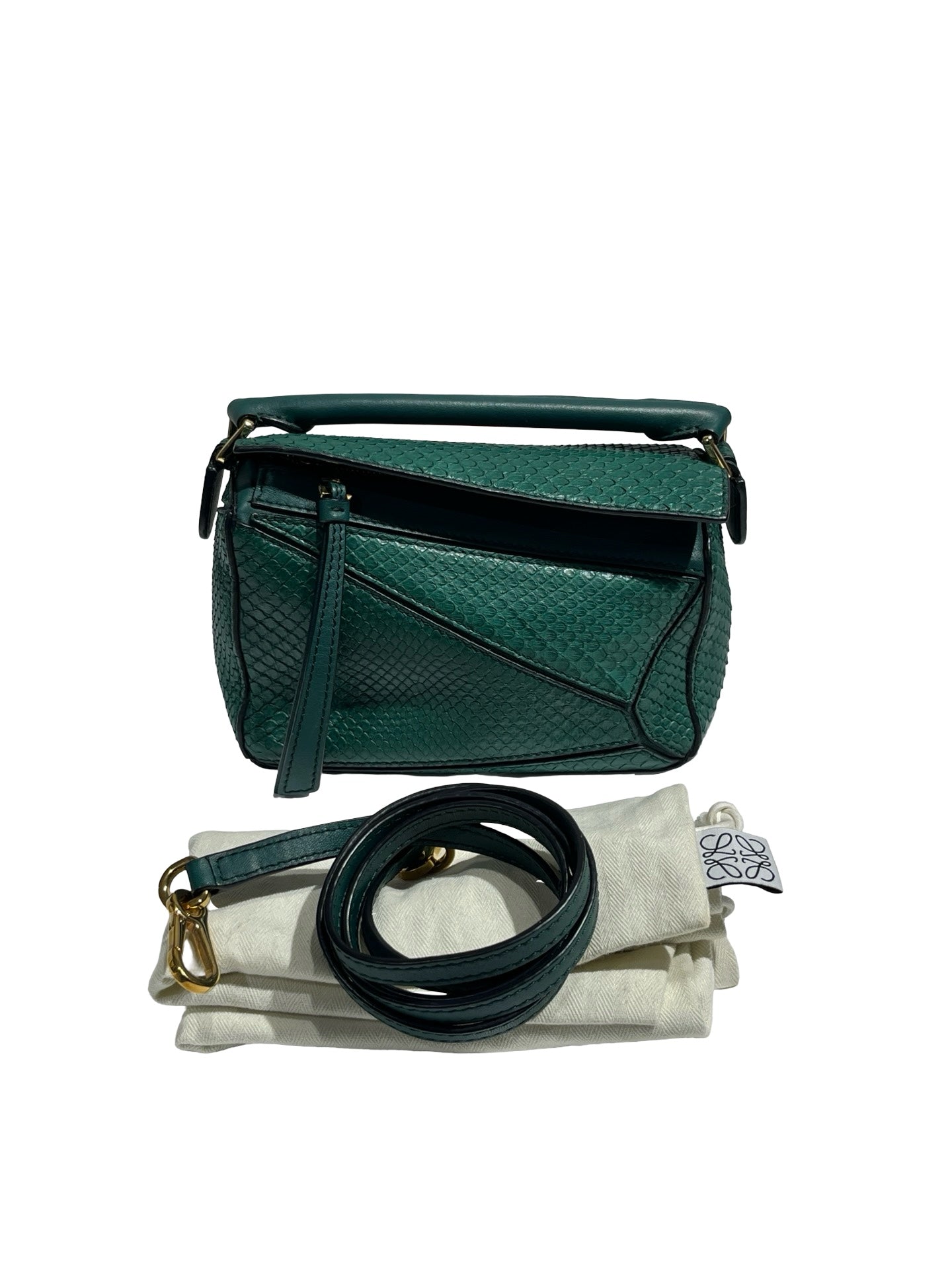 Used LOEWE Python Leather Puzzle Mini Crossbody Bag Green