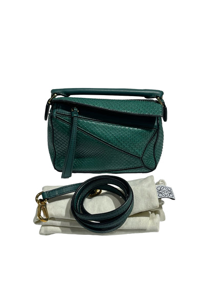Used LOEWE Python Leather Puzzle Mini Crossbody Bag Green