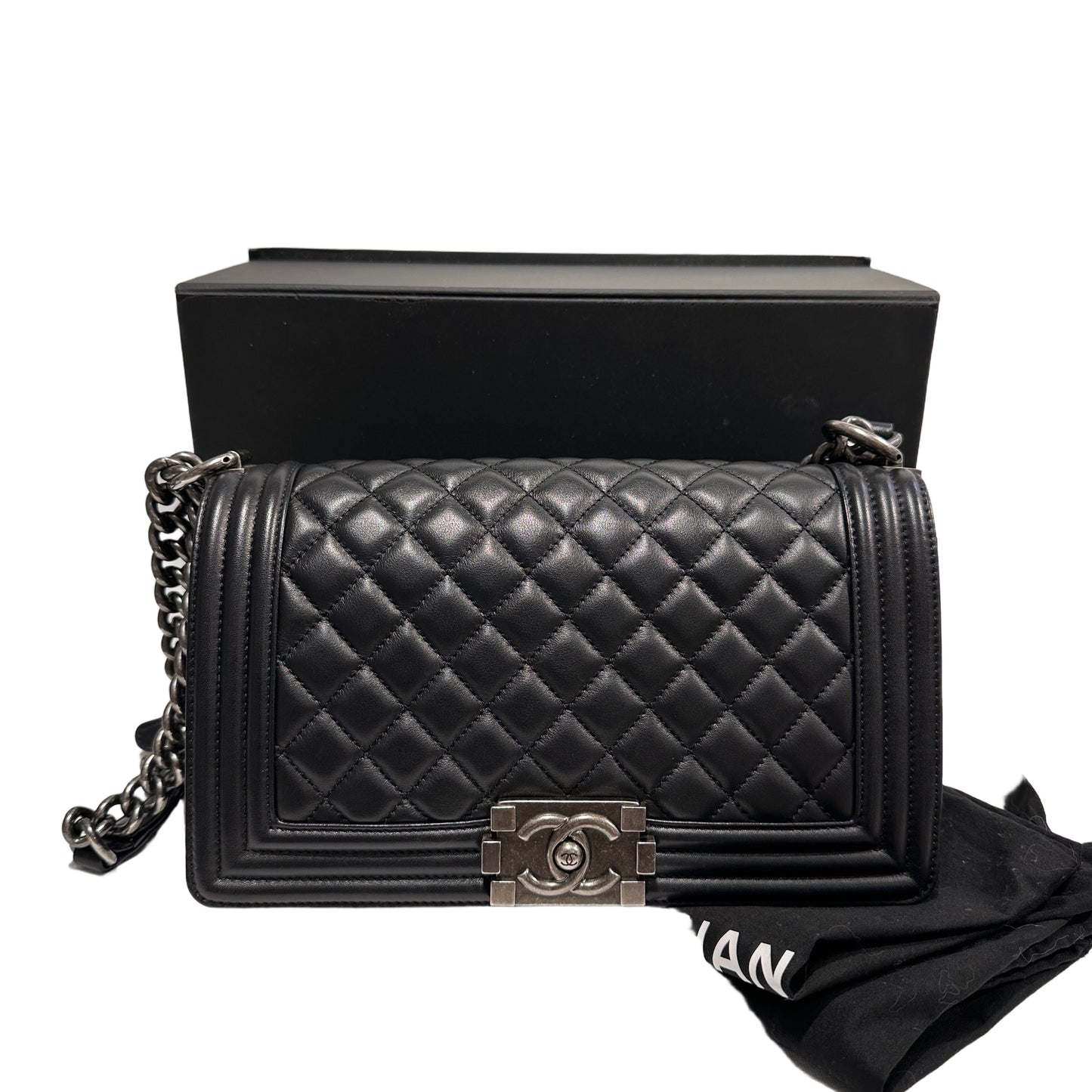 Used Chanel Lambskin Leather Boy 25 Shoulder Bag Black PHW