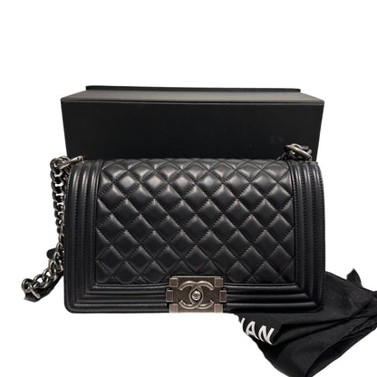 Used Chanel Lambskin Leather Boy 25 Shoulder Bag Black PHW