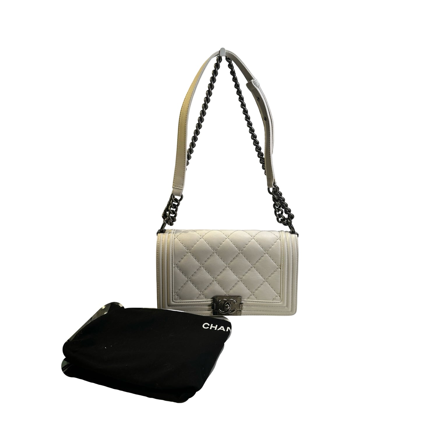 Used CHANEL Quilted Calfskin Boy Chain Shoulder Bag White
