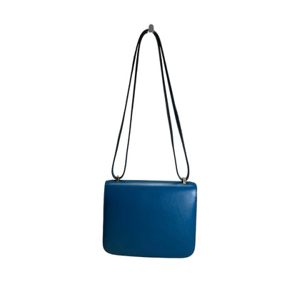 Used HERMES Epsom Leather Constance Shoulder Bag Blue Gold Hardware