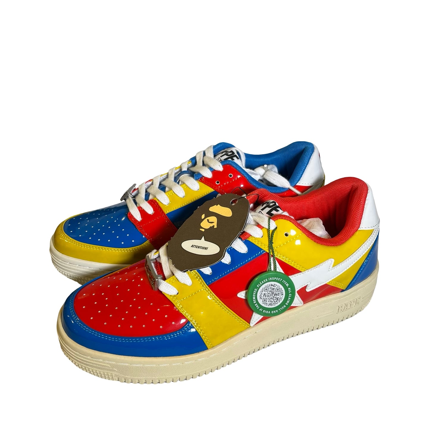 Brand New BAPE Patent Leather Colorblock BAPE STA Medicom Toy Sneakers Red Blue Yellow White