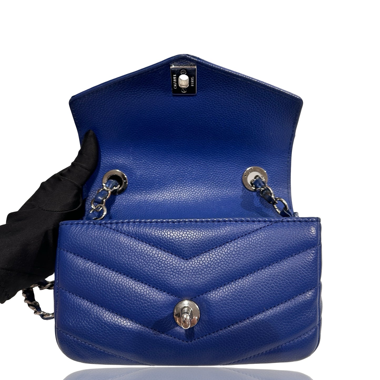 Used CHANEL Calfskin Leather FLAP Cross Body Bag Navy Blue PHW