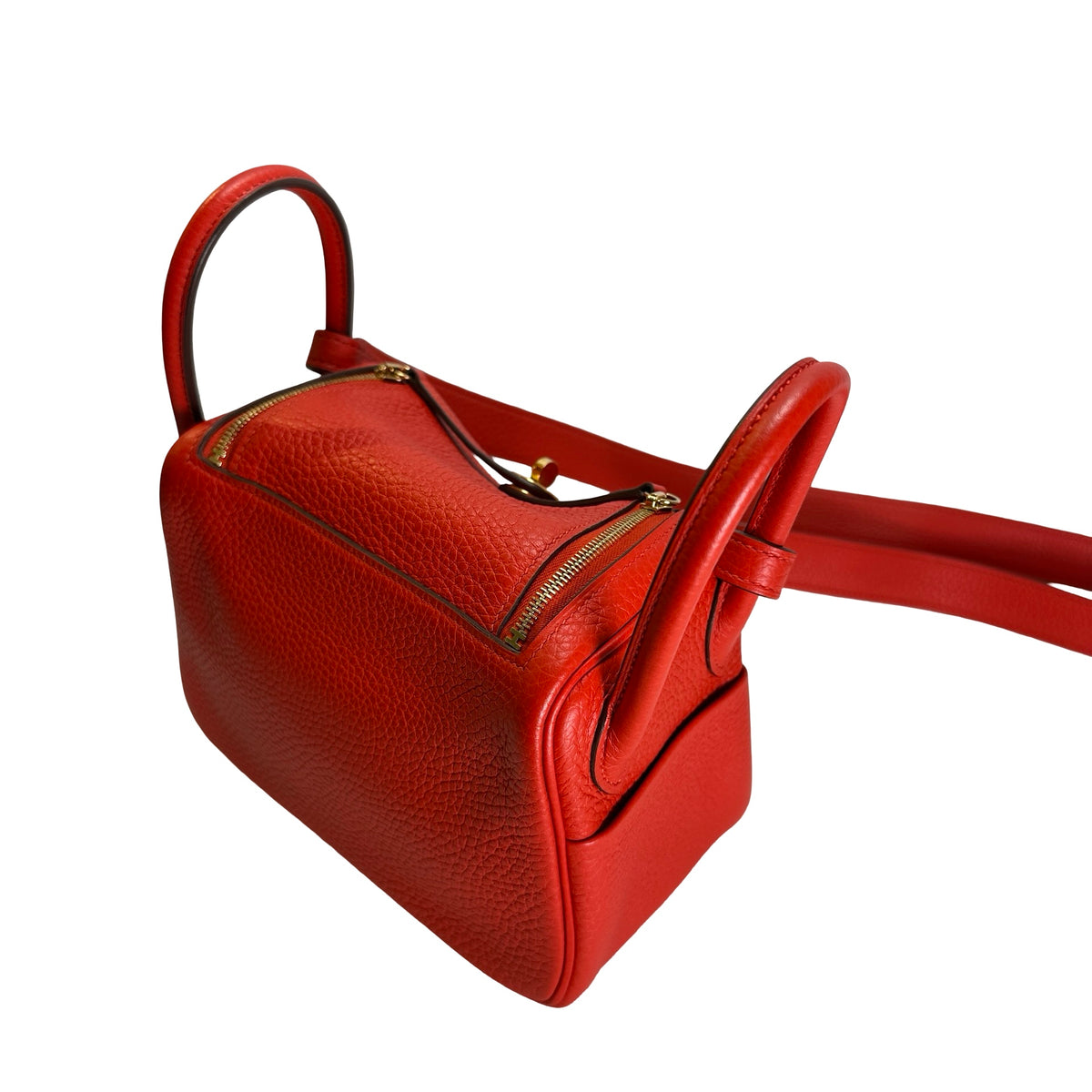 Used HERMES Togo Leather Mini Lindy Handbag Red GHW