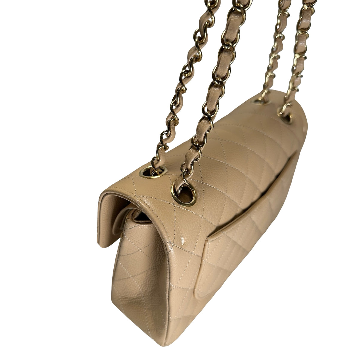 Brand New CHANEL Quilted Caviar Classic Flap Chain Shoulder Bag Beige Gold