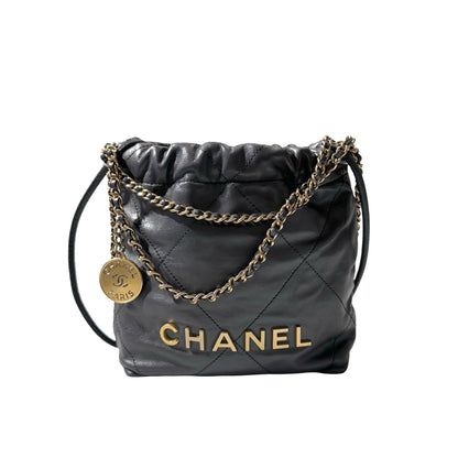 Used CHANEL Calfskin Leather Mini 22 Cross Body Bag Grey PHW