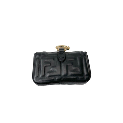 Used Fendi Calfskin Leather Baguette Nano Charm Cross Body Bag Black GHW