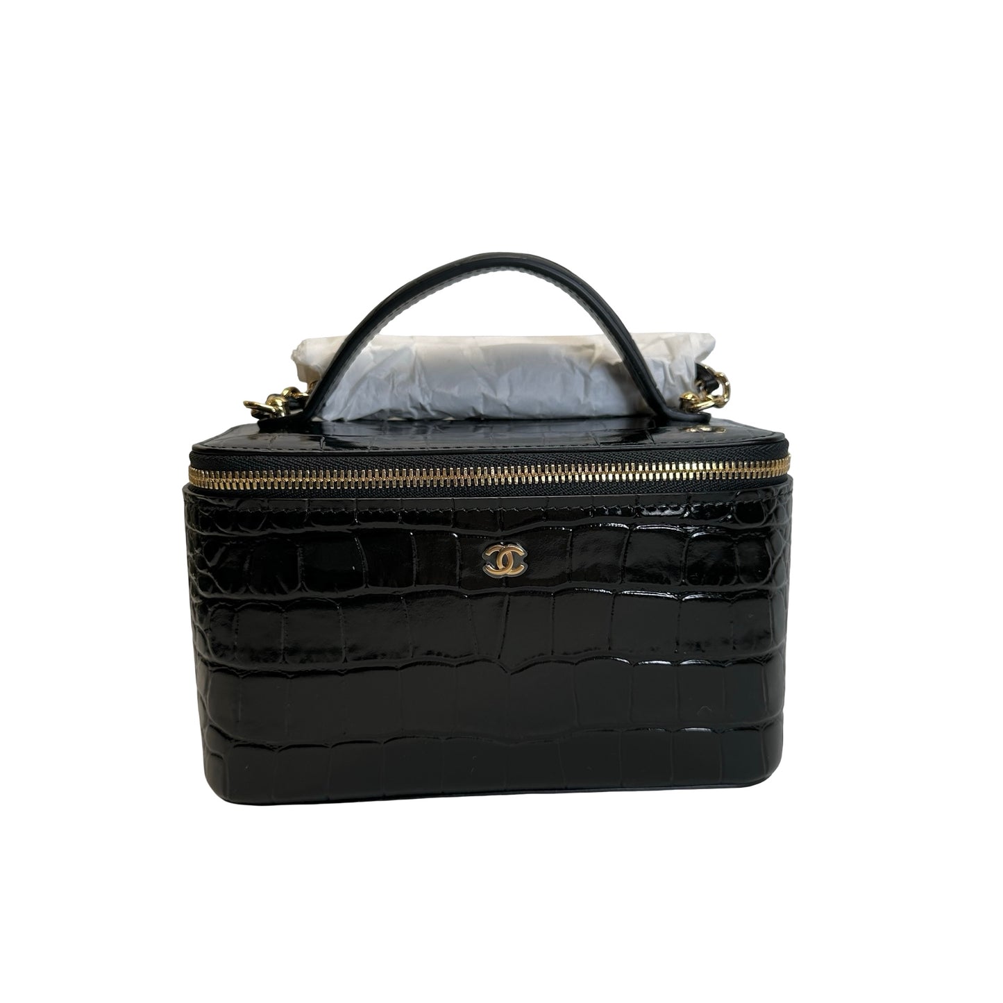 Brand New CHANEL Croc-embossed Vanity case Vanity case Black Gold hardware