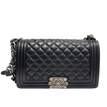 Used Chanel Lambskin Leather Boy 25 Shoulder Bag Black PHW