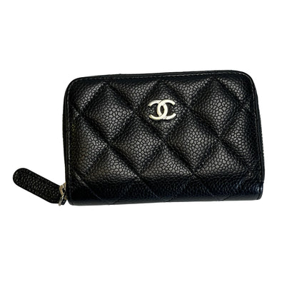 Used CHANEL Quilted Caviar Leather Classic Zipped Coin Purse Coin Purse Black Silver