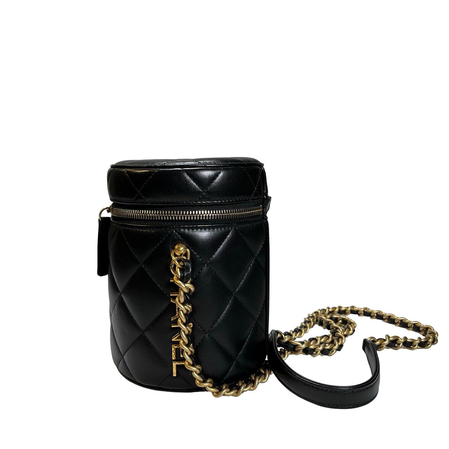 Used CHANEL Diamond Quilted Lambskin Cylindrical Vanity Case with Chain Vanity case Black GHW