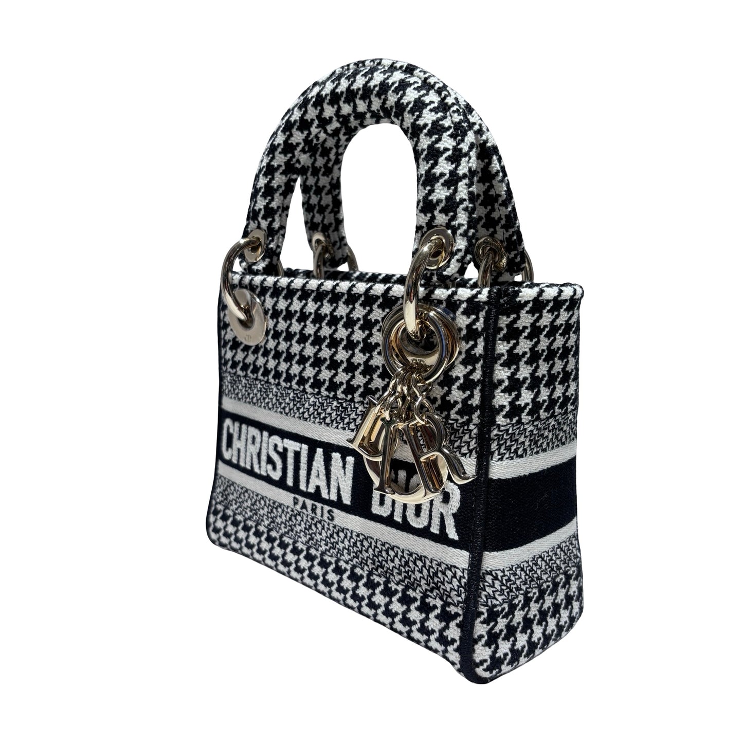 Used DIOR Canvas Mini Lady D-Lite Handbag Black White GHW