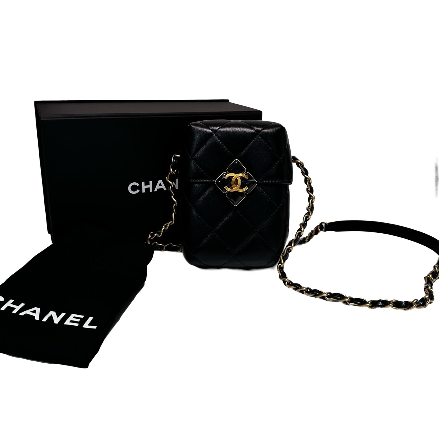 Used CHANEL Lambskin Leather Plexi Box Shoulder Bag Black GHW