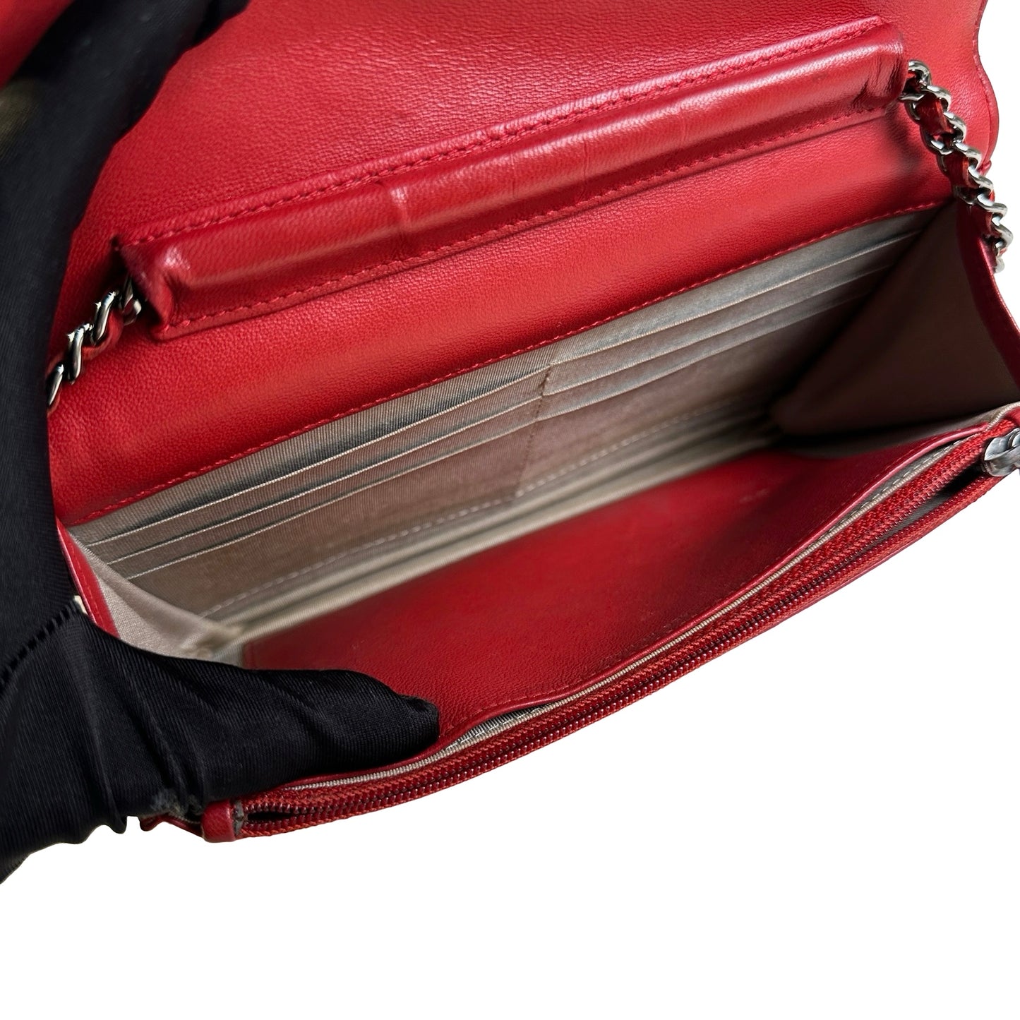 Used CHANEL Quilted Lambskin Boy Wallet on chain Red