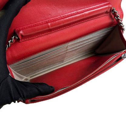 Used CHANEL Quilted Lambskin Boy Wallet on chain Red