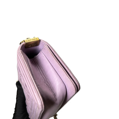 Used CHANEL Braided Lambskin Boy Chain Shoulder Bag Lilac Gold