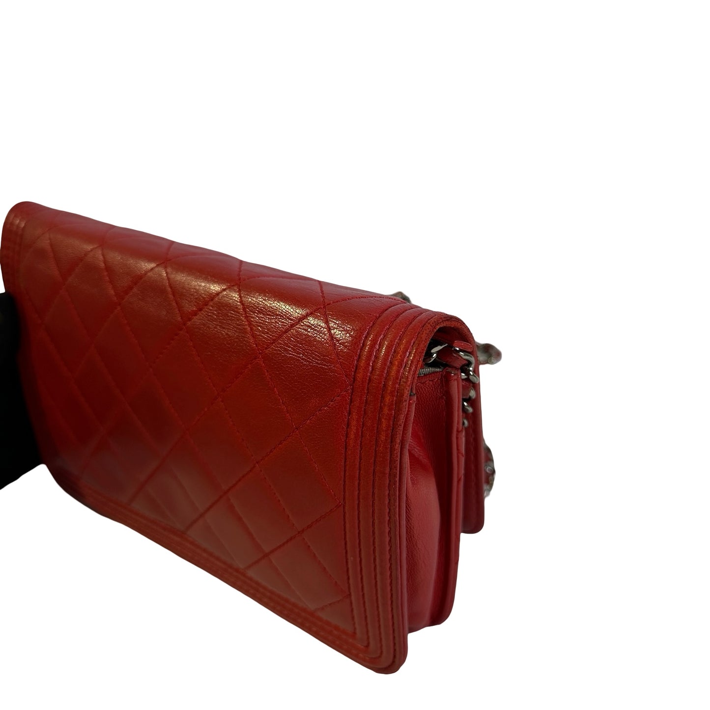 Used CHANEL Quilted Lambskin Boy Wallet on chain Red