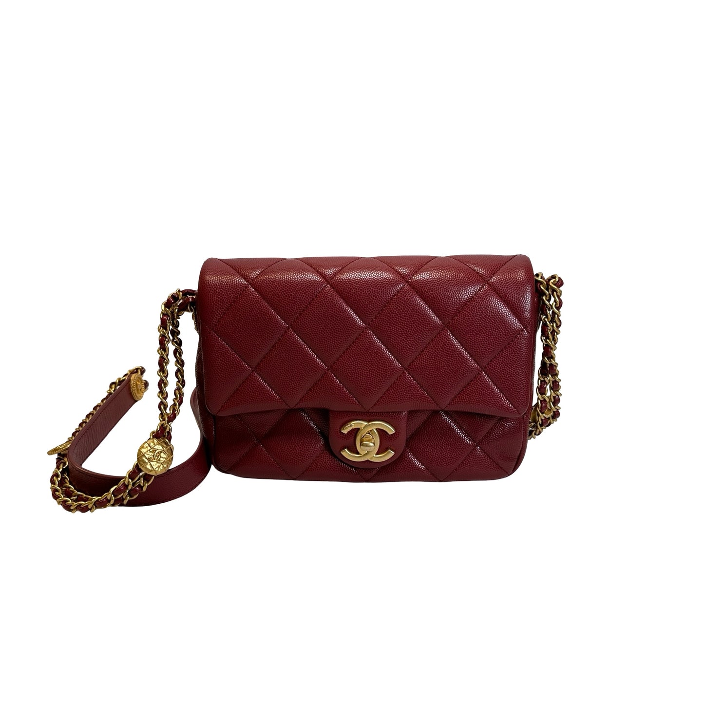 Used CHANEL Caviar Quilted Flap Bag Chain shoulder bag Red Gold