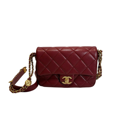 Used CHANEL Caviar Quilted Flap Bag Chain shoulder bag Red Gold