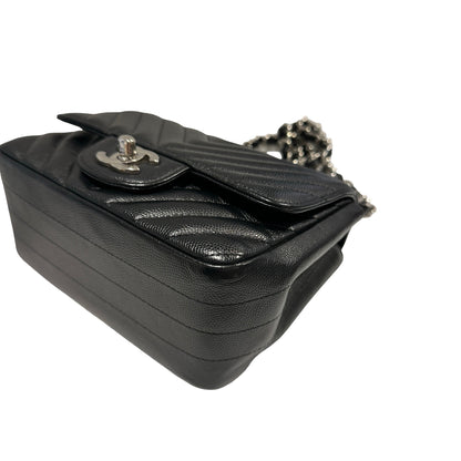 Used CHANEL Caviar Leather Mini Rectangular Flap Chain Shoulder Bag Black PHW