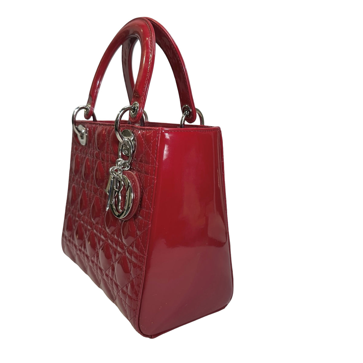 Used DIOR Cannage Patent Leather Lady Dior Handbag Red