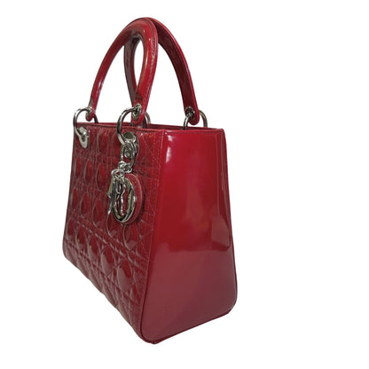 Used DIOR Cannage Patent Leather Lady Dior Handbag Red